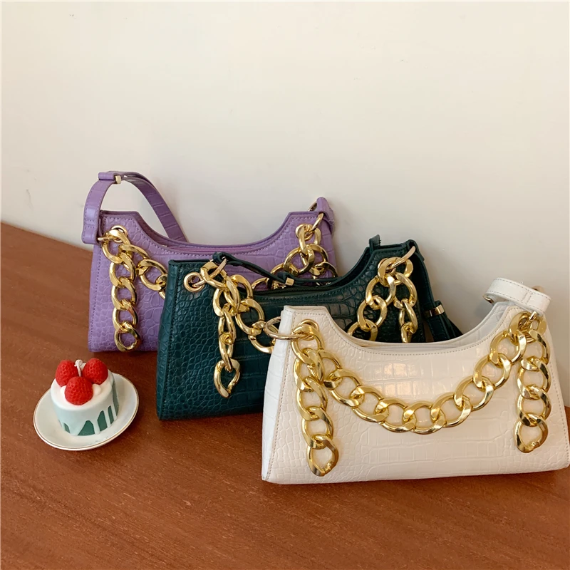 

Simple Crocodile Pattern Women Underarm Bag Elegant PU Leather Ladies Small Square Shoulder Bags Vintage Chain Female Handbags