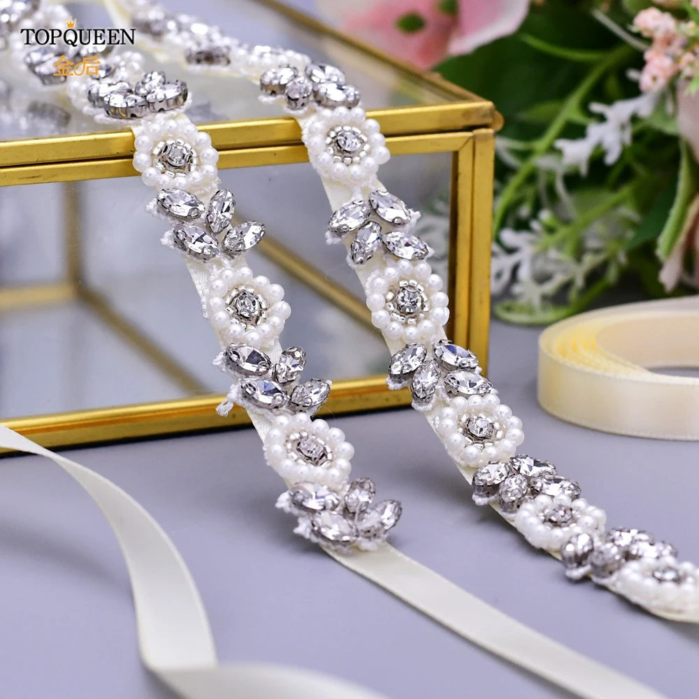 

TOPQUEEN S101 Wholesale Bridal Belt Sewing Sash Belt Applique Thin Women's Belts Rhinestone Pearl Bride Belt Party Gowns Belt