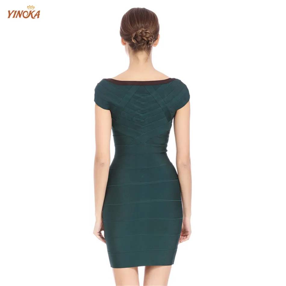 

Yinoka Sexy women bodycon mini dress bandage v neck pink green zipper midi lady party club celecrity evening night girl clothing