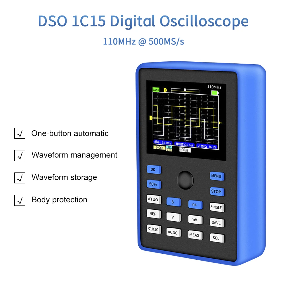 

DSO1C15 Handheld Digital Oscilloscope 500MS/s Sampling Rate 110MHz Analog Bandwidth Support Waveform Storage Oscilloscope Kit