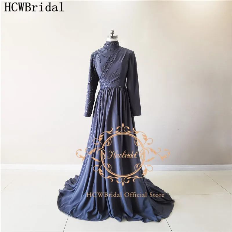 

Real Photos Long Sleeves Grey Muslim Arabic Evening Formal Dress Stunning Beading Chiffon A Line Wedding Party Prom Gowns