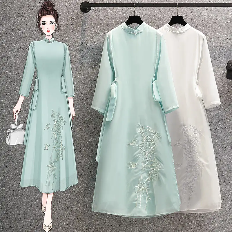 

2021 Summer Autumn New Retro Improved Cheongsam Hanfu Dress Chinese Chiffon Embroidery Dress Elegant Female Vestidos M141