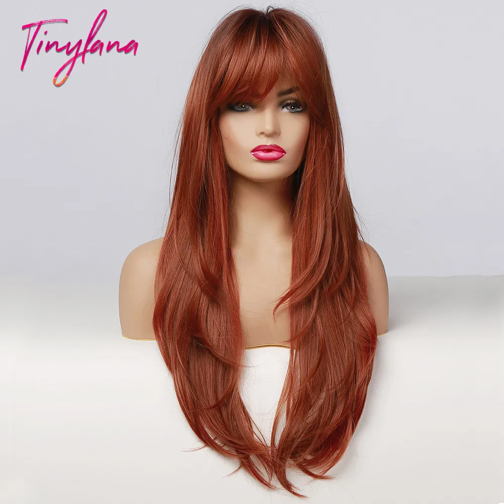 

TINY LANA Ombre Brown Light Blonde Synthetic Wigs with Bangs Long Natural Wave Heat Resistant Fiber Cosplay Wigs for Black Women