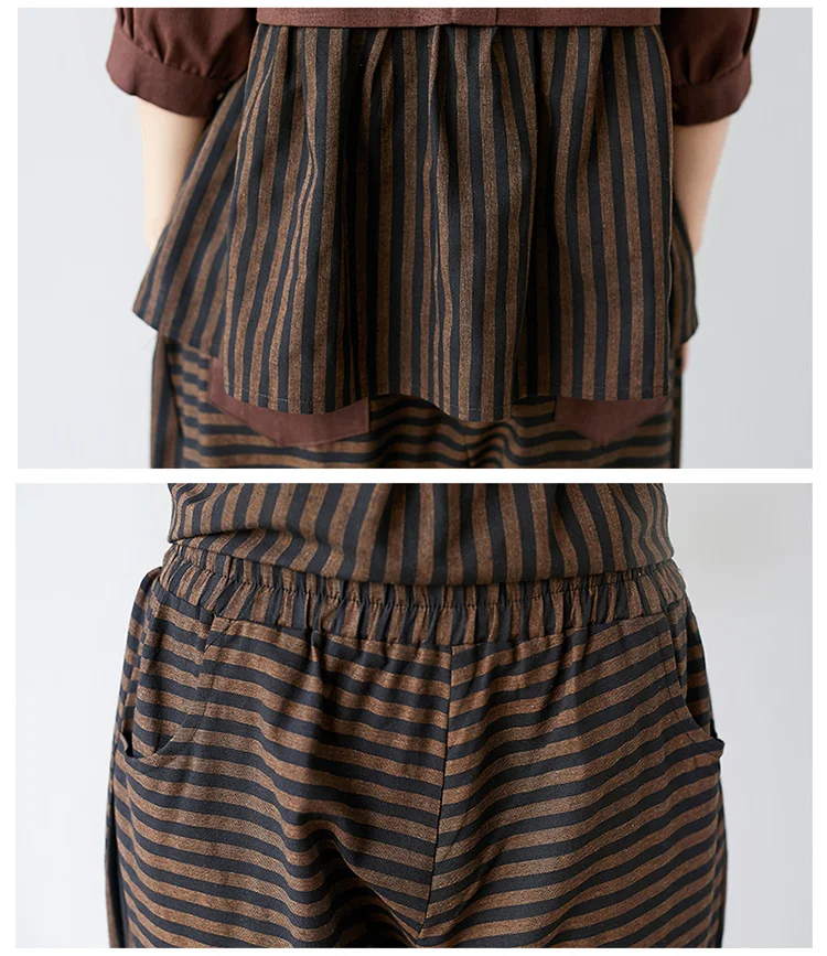 

Literary Women Two Piece Outfits Summer Cotton And Hemp Women Sets Clothes Striped Top&pants Set Pleated Tracksuit Set