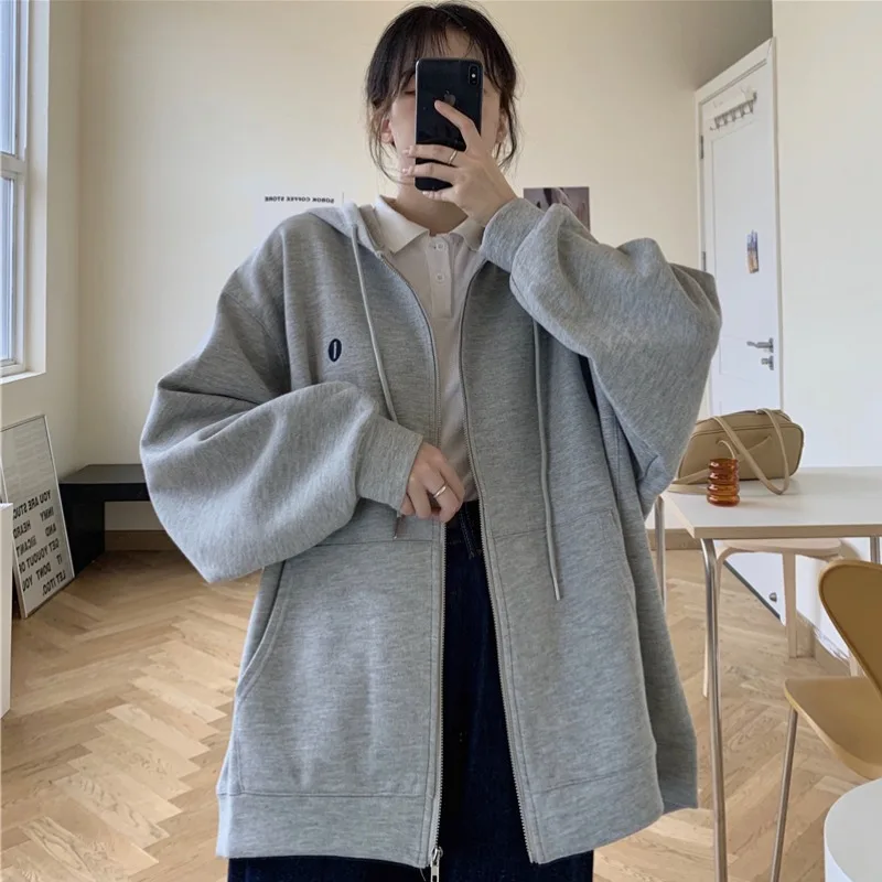 

Spring and Autumn Korean Style Lazy Style Loose Outer Wear Student Hooded Jacket Fleece-Lined Padded Long Sleeve Sweater