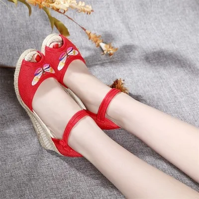 Model 2 Red Veowalk/Винтажные женские босоножки; повседневные льняные парусиновые сандалии на танкетке Лето; туфли-лодочки на платформе с ремешком на щиколотке на среднем каблуке; эспадрильи - Цвет: Model 2 Red