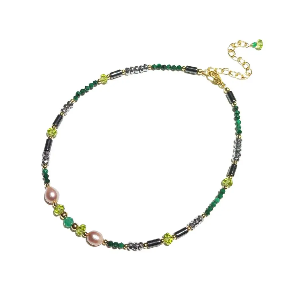 

Lii Ji Real Malachite Peridot Freshwater Pearl Hematite Anklet Bracelet 14K Gold Filled Jewelry 24+5cm For Women Girls Jewelry