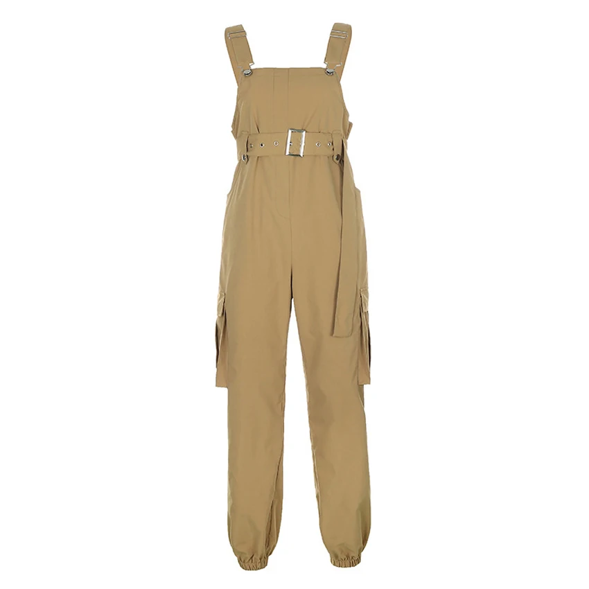 

Gothic Black Streetwear Loose Cargo Jumpsuit Women Wide Leg Suspender Pockets Overalls Pants with Belt Autumn Casual Trousers