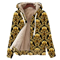 baroque luxury golden floral print oversize fleece thermal mens winter jacket streetwear autumn vintage padded 3d zipper hoodie