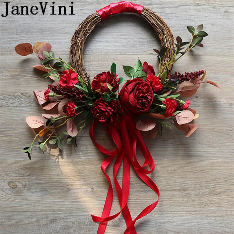 

JaneVini 2019 Red Round Wedding Wreath Silk Flowers Bridal Bouquets Accessories Artificial Peony Leaf Bride Holding Hand Garland