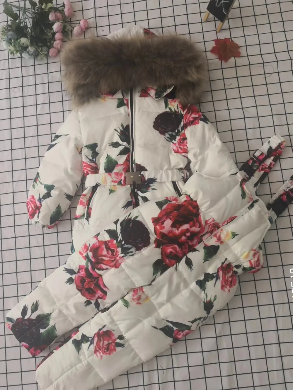 Real raccoon fur winter jacket child suit jacket+pant twinset boy& girl ski suits children down jacket outerwear parka