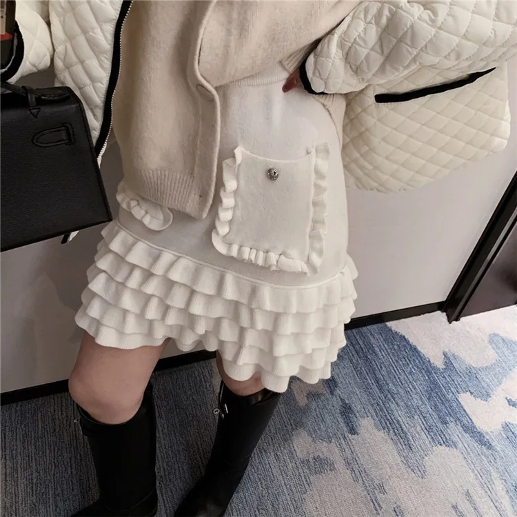 

TVVOVVIN 2021 Spring New Double Pocket High Waist Elastic Knitted A-line Skirt Solid Color Multi-layer Frills Female Skirt UUUG