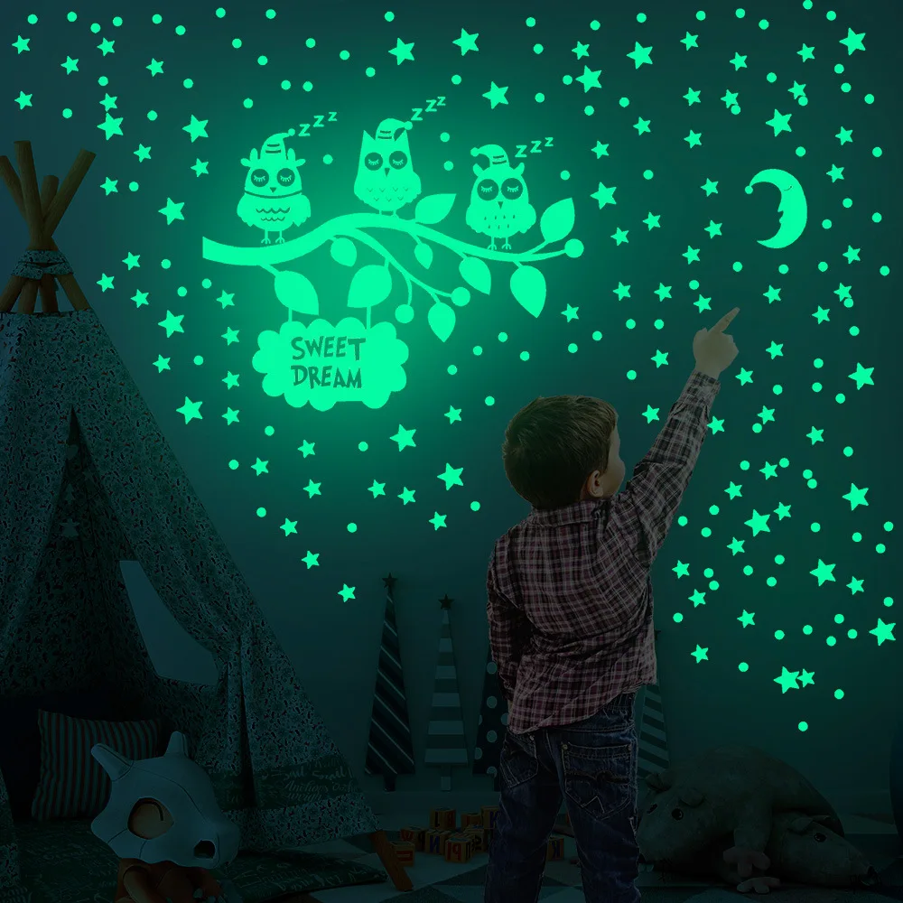 

A Set of Luminous Branch Owl Luminous Star Dot Fluorescent Stickers Children's Room Decoration Self Adhesive Cartoon Stickers