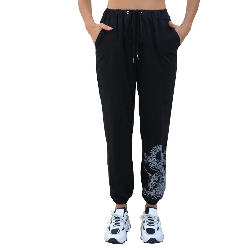 

2021 Women Summer Cropped Trousers Ankle Length European American Pants Black Printed Drawstring Trousers Women Casual Pant