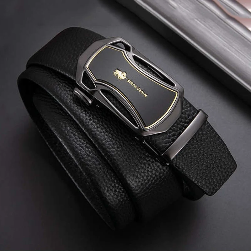 Bison Denim Genuine Leather Belt for Men Lychee Grain Cowhide Brand Luxury Automatic Buckle Casual Male Belt And Gift Box