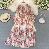 women elegant flowy long maxi dress 2022 spring new o neck lantern sleeve flower print a line boho holiday beach dress m78850