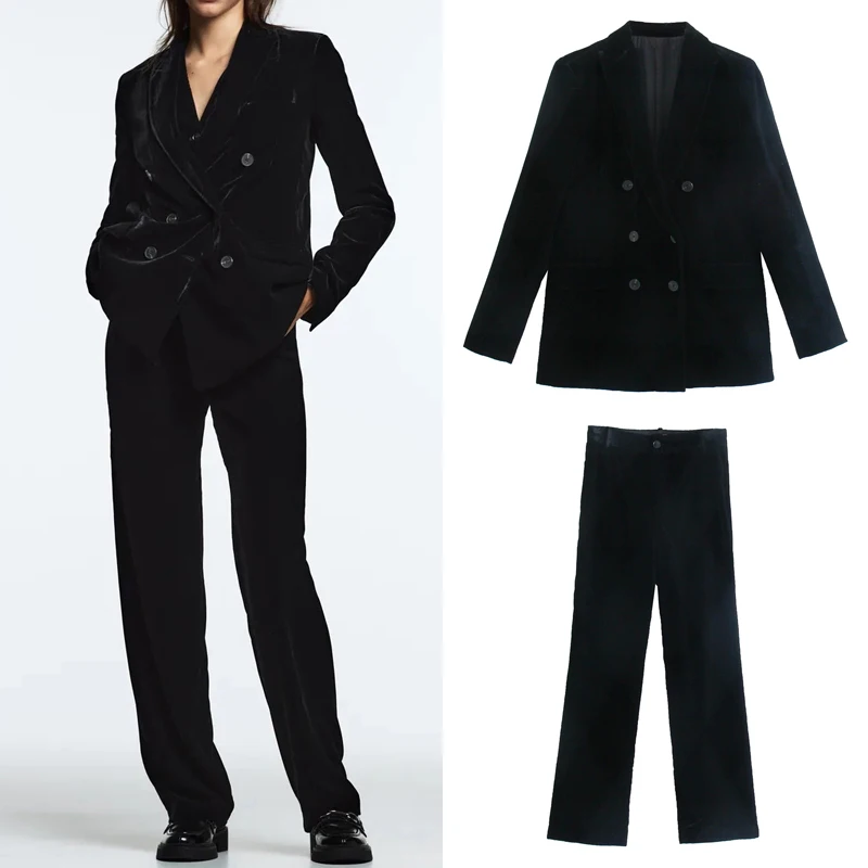 

KUMSVAG Women Casual ZA Pant Suits 2-piece Sets 2021 Autumn Velvet Blazers Coats and Trousers Female Elegant OL Suit Clothing