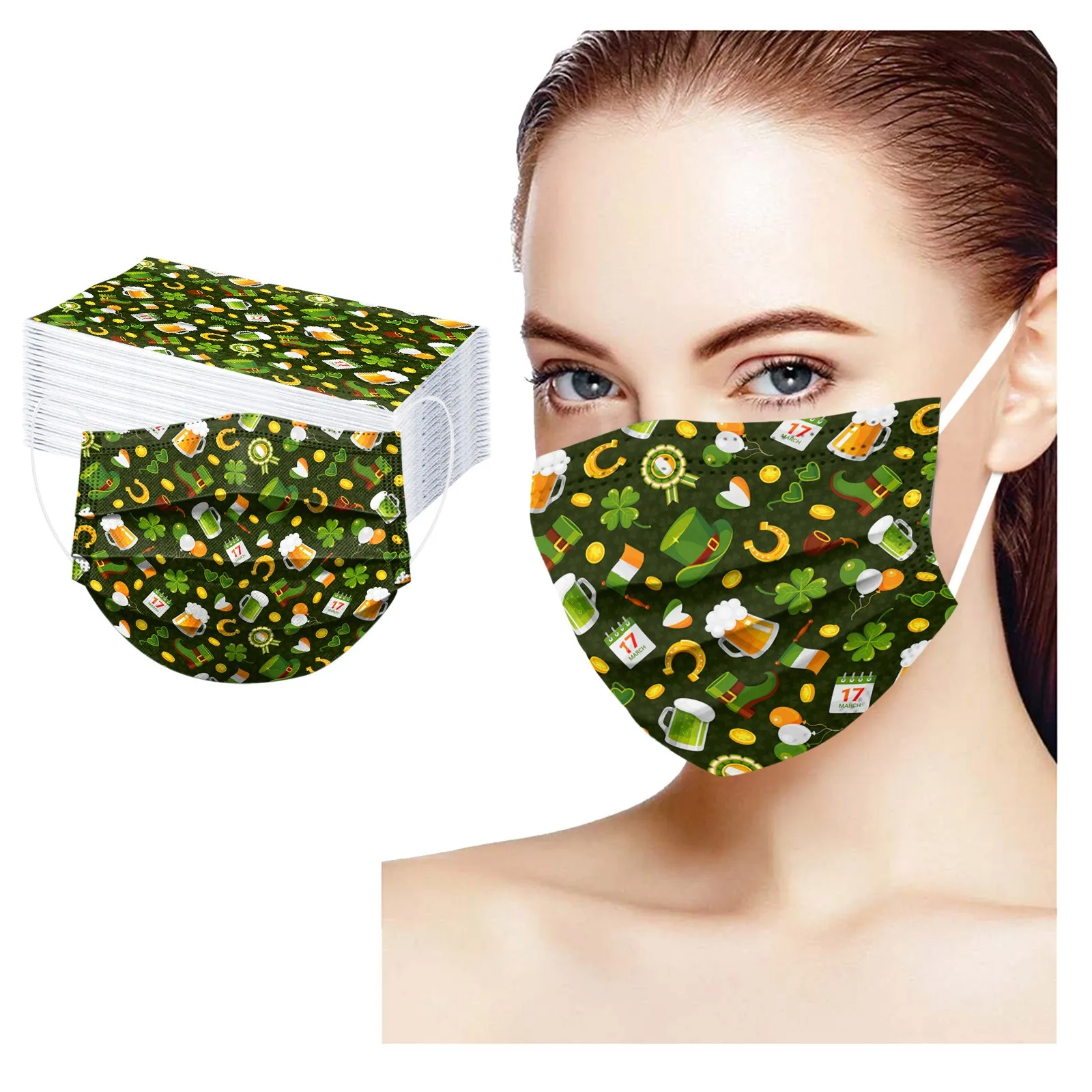 

50PCS Adult St. Patrick's Day Mask Cute Print Disposable Face Mask 3Ply Green Ear Loop Non-woven Cloth masque mascarilla