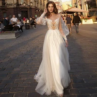 magic awn graceful full puff sleeve wedding dresses lace appliques illusion princess boho beach bridal gowns robe de mariage