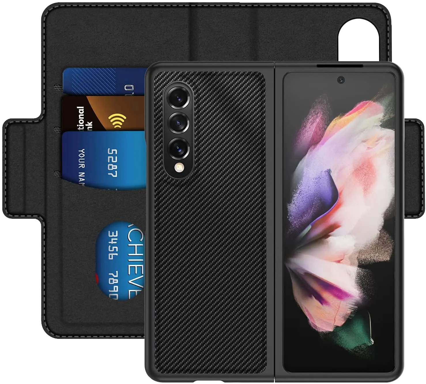 Funda de cuero de fibra de carbono para Samsung Galaxy Z Fold 3, 5G, 2021, BILLETERA, todo incluido, con tapa magn&eacute;tica para tarjetas, para Galaxy Z Fold 3-5