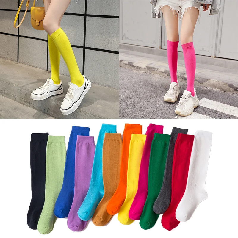 

2021 New Cotton Ladies Knee High Socks Women Student Socks School Party Street Dancing Knee Sock for Girls Soild Color Stockings