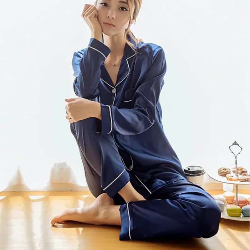 

Womens Silk Satin Pajamas Pyjamas Set Long Sleeve Sleepwear Pijama Pajamas Suit Female Sleep Two Piece Set Loungewear Plus Size