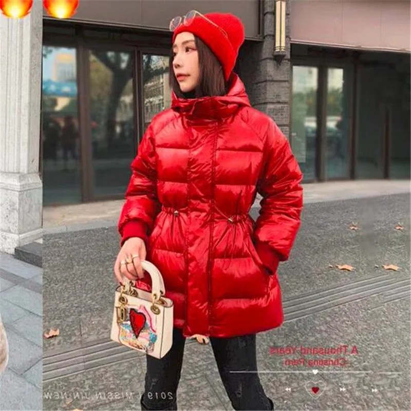 Новые женские парки глянцевая ткань шнурок с капюшоном пуховик пальто | Женская