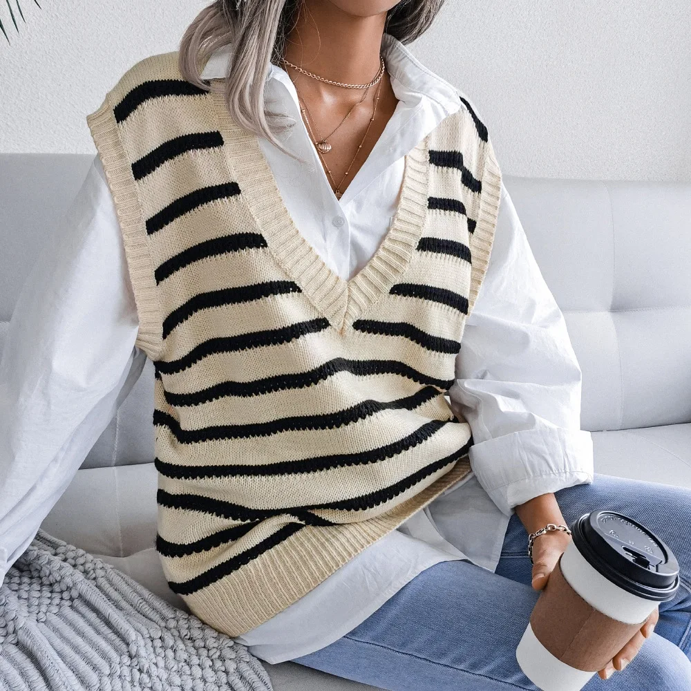 

Women Striped Sweater Vest Korean Style Sleeveless Knitted V-Neck Sweaters Elegant Loose Top Casual Fashion Pullover 2021