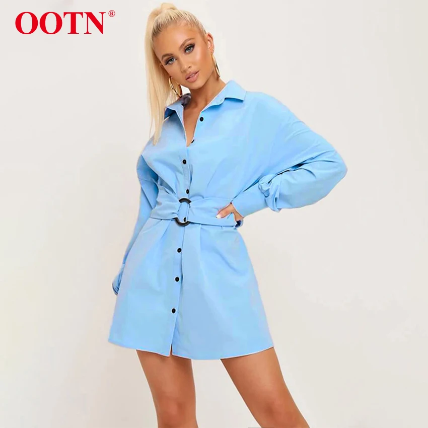 OOTN, отложной воротник, синяя туника, платье-рубашка, женское платье с длинным рукавом и поясом, офисное женское мини-платье, Осень-зима, повседневное белое платье