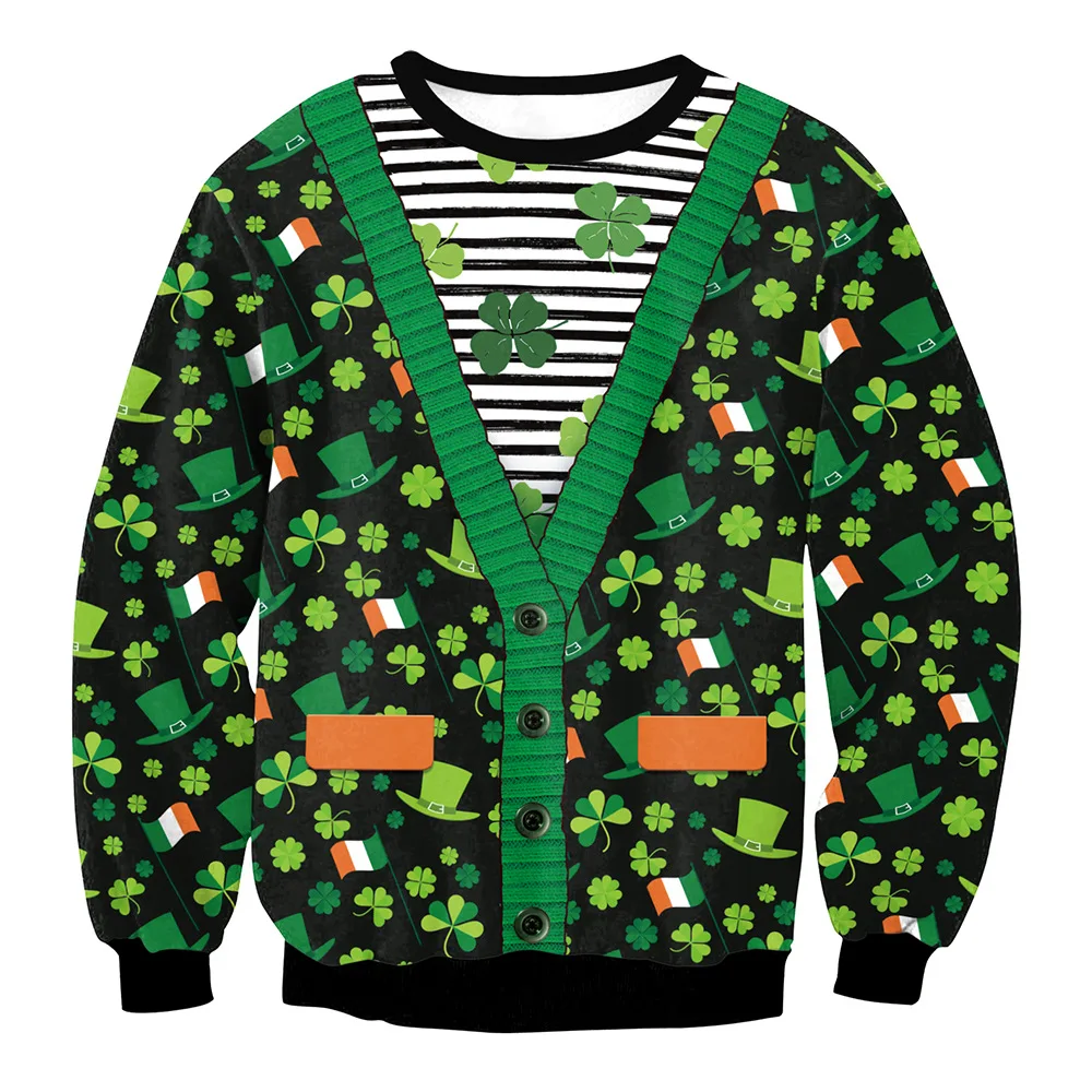 

Irish Patrick Day Printed Round Neck Coat Long Sleeve Couple Pullover Top Cool Sweatshirt Men Hip Hop Men Hoodies Sweatshirts