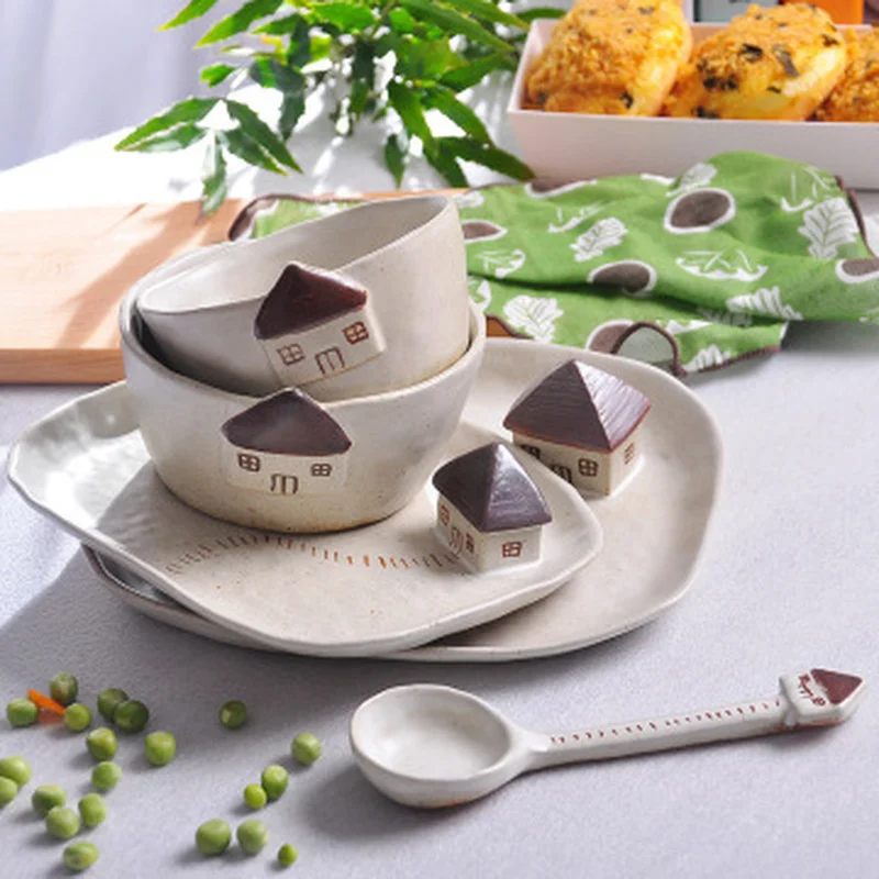

Multi-foot Creative Handmade Stoneware Features Greenhouse Ceramic Plate Bowl Spoon Set Family Hotel Kitchen Salad Fruit Dish