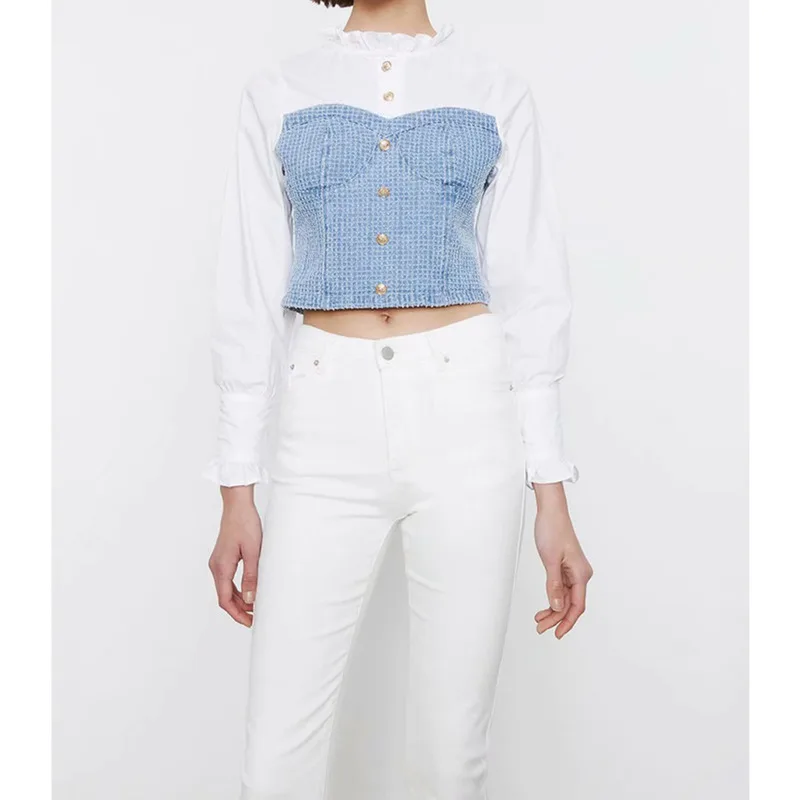 

Fake Two Pieces Shirt Blusas Women Denim Patchwork O Ruffle Collar Long Shirt Sleeve Button Top Ladies Spring Sweet Chic Tops