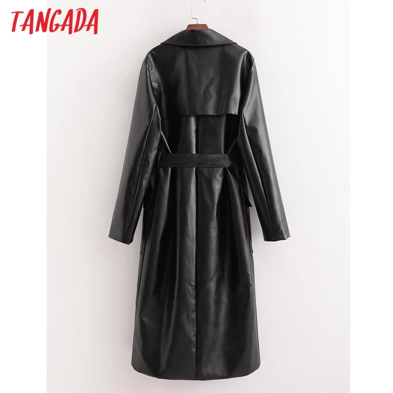 

Tangada Women Solid Black Faux Leather Long Trench Coat With Belt 2021 Office Ladies Outwear Windbreak 1D69