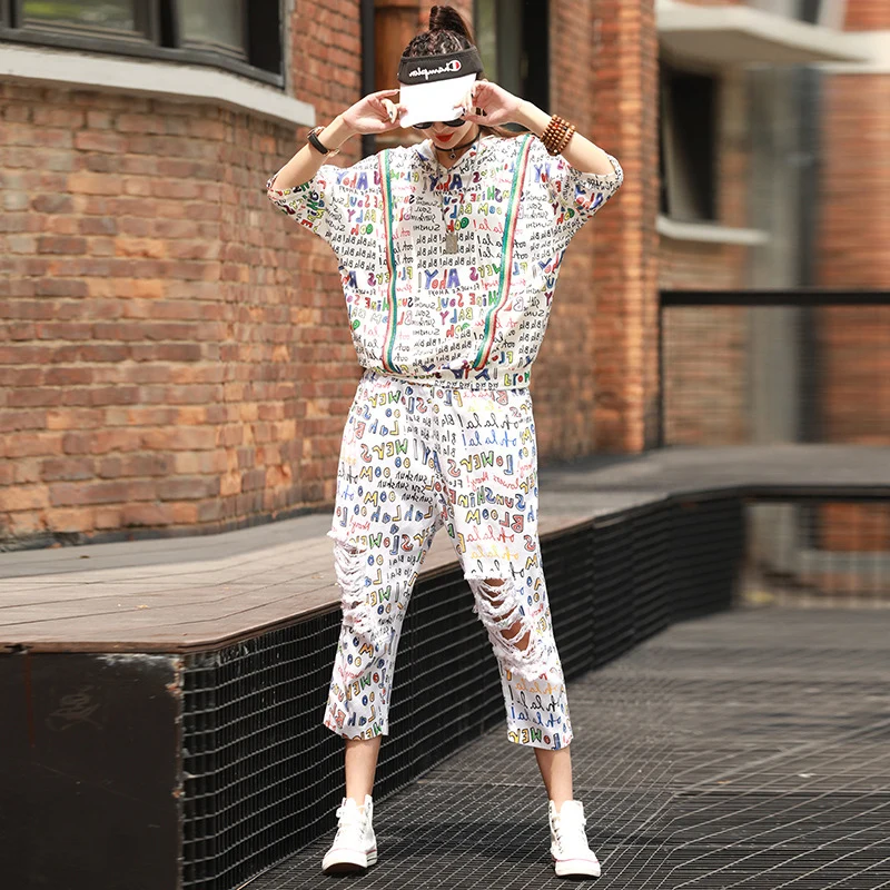 安い ツーピースセットスポーツトラックスーツ女性原宿パーカー共同ordラウンジジュアルウェアスウェットスーツ2破壊デニムジーンズをリッピング個