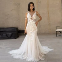 deep v neck cap sleeve wedding dresses for ladies applique beading white mermaid bridal gowns with tulle court train open back