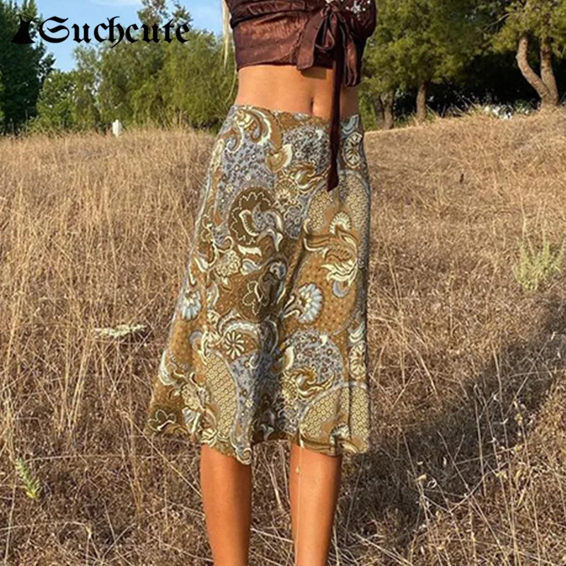 

SUCHCUTE Retro Vintage Printed Women Long Skirts Harajuku Casual Hight Waist Vacation Chic Style Clothes Lady A-Line Skirts