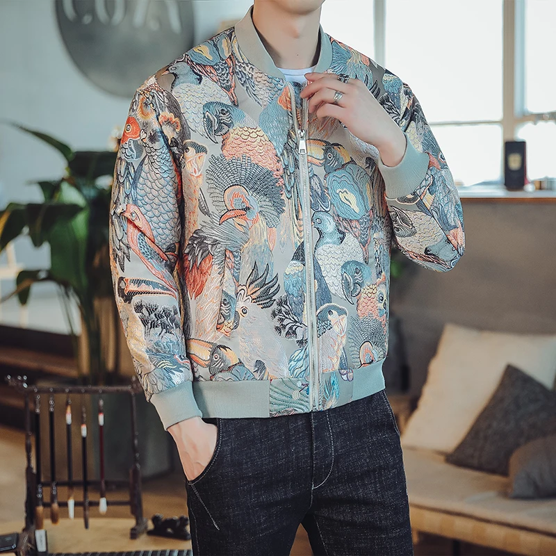 Мужская винтажная куртка Ropa Hombre свободная утепленная с вышивкой животных осень