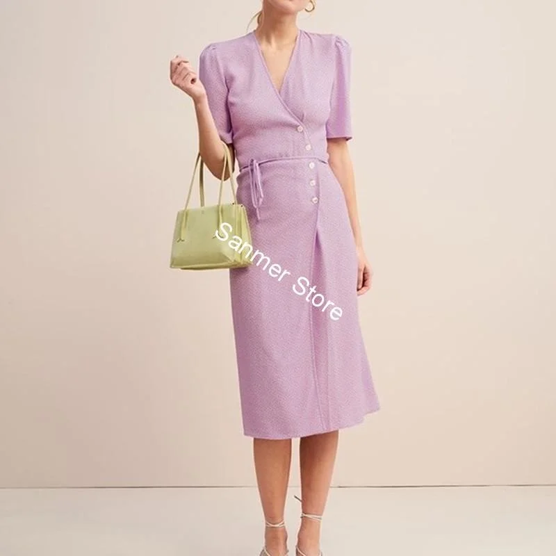 

Women One-piece Wrap Dress Dot Print Short Puff Sleeve Lace-up Split Buttons Vintage Beash Style Mid Calf Dress Spring Summer