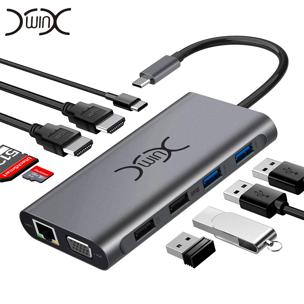 YXwin USB C Hub 11 в 1 Multi HDMI RJ45 VGA usb хаб 3 0 адаптер док станция для Macbook Pro кардридер