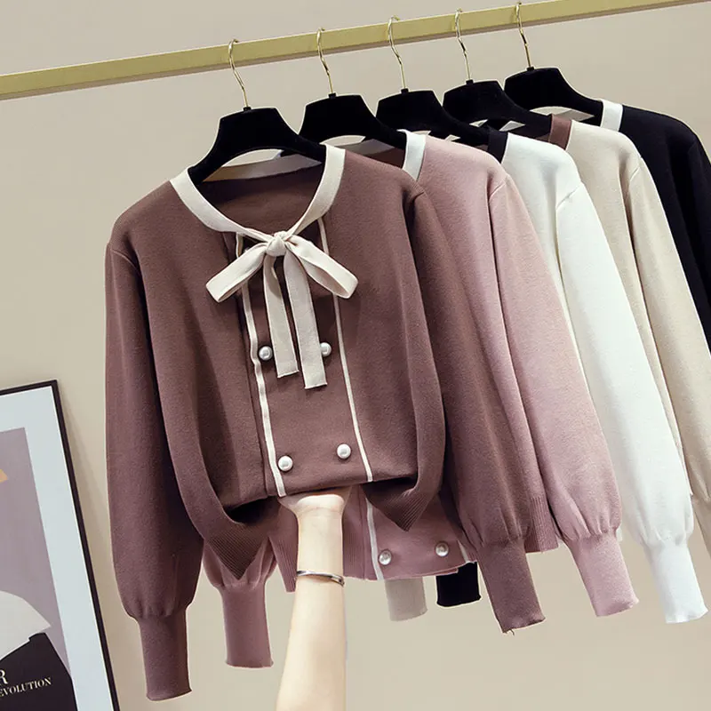 

JXMYY Thickened pearl button long-sleeved sweater for fall/winter new products Bowknot college wind sweater Korean version