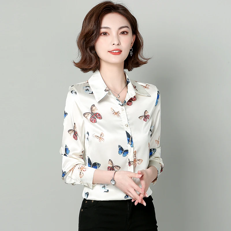

Houthion Casual Shirt New Silk Long Sleeve Blouse Lapel Printing Butterfly Summer Tops Thin Comfortable Fashion
