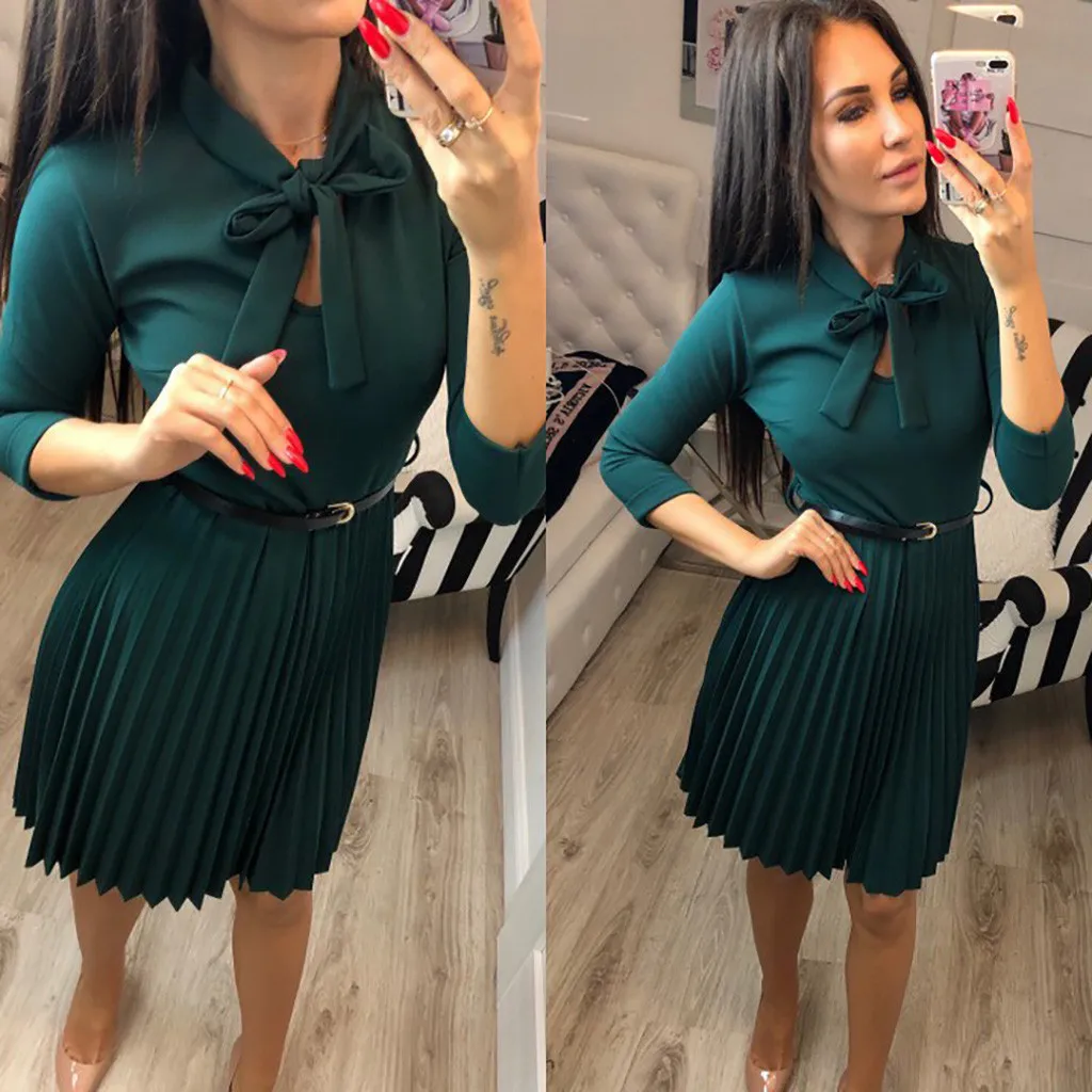 Женские платья однотонное мини-платье с круглым вырезом длинным рукавом