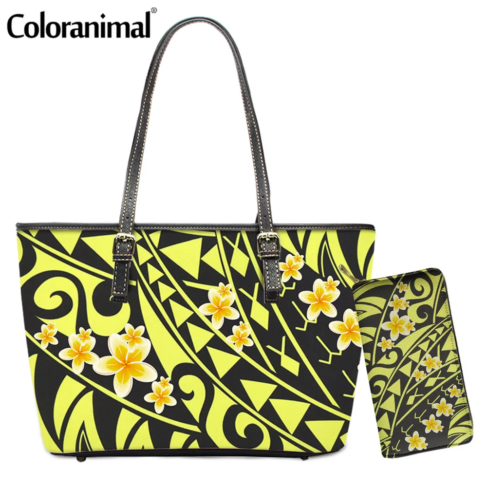 

Coloranimal Tribal Style Polynesian Plumeria Pattern Ladies PU Shoulder Bag Large Capacity Tote Crossbody Bag for Women Bolsa