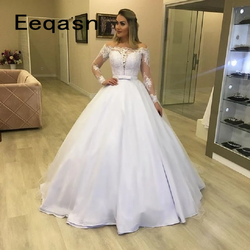 Свадебное платье 2 в 1 роскошное кружевное с длинными рукавами и съемной юбкой