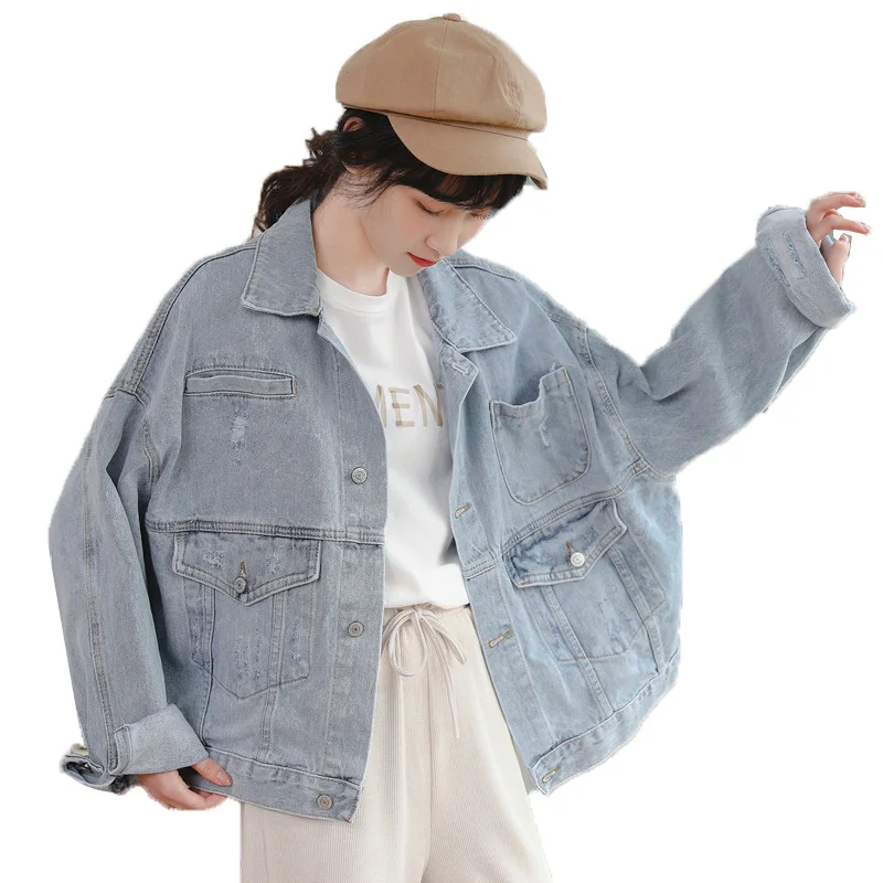 

Women's Denim Jacket Retro Hole Casual Spring Autumn Jeans Coat Tops Short Single Breasted Light blue Outerwear Tooling Feminina