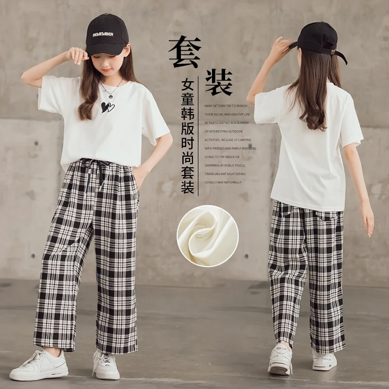 

New 2021 Children Clothes Outfits Girls 2 Pcs T Shirts Short Sleeve Tops Loose Plaid Pants Suit Cool Kids Girl Sets Black Summer