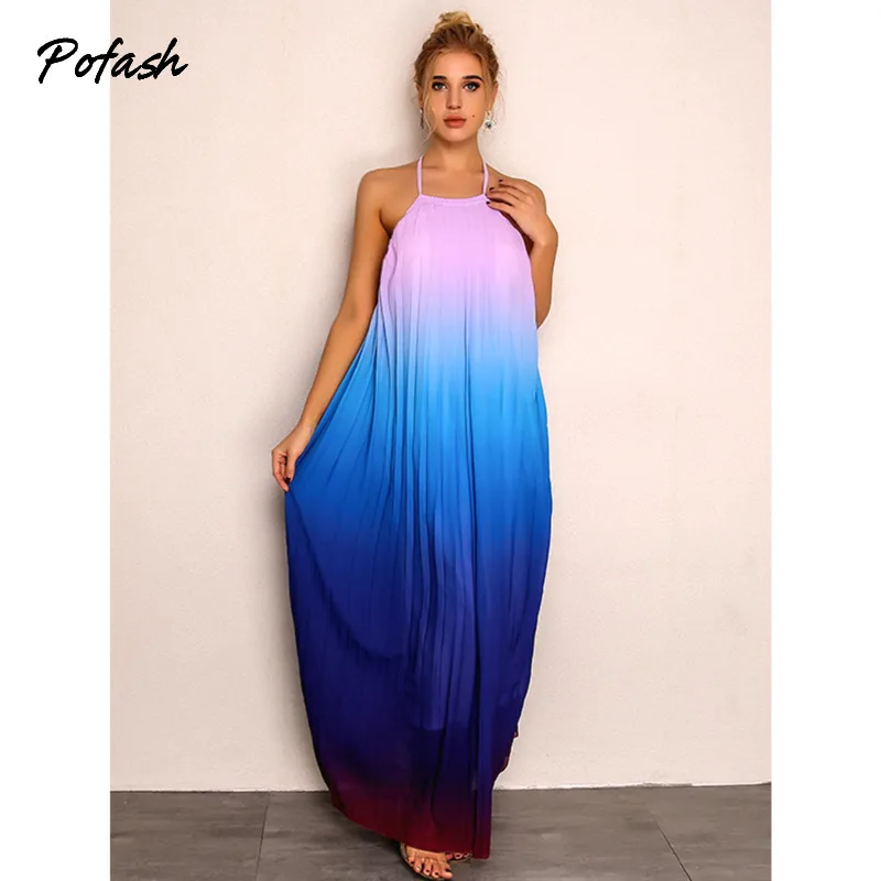 

Pofash с лямкой на шее с низким вырезом на спине для женщин, одежда для девочек повседневные свободные размера плюс Макси длинное платье женский градиент с принтом; Сезон лето; Vestidos 2021