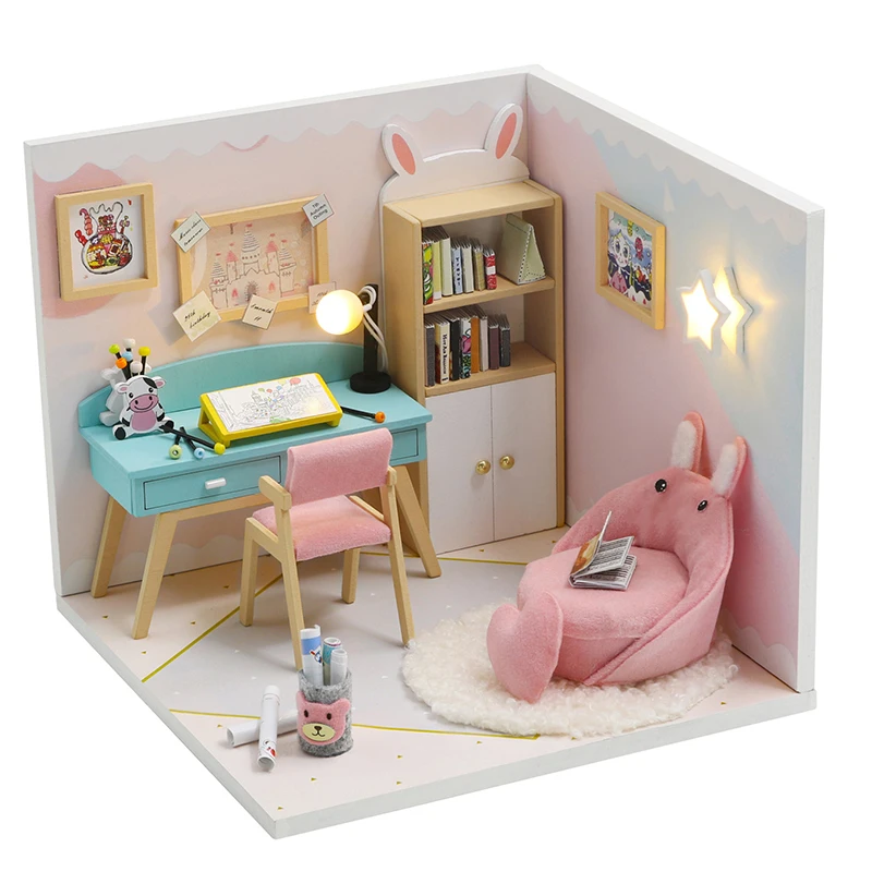 

DIY KIT Diy Dollhouse Kit With Dust Cover Wooden Doll House Miniatures Kit Dollhouse Furniture Accessories Toys For Children
