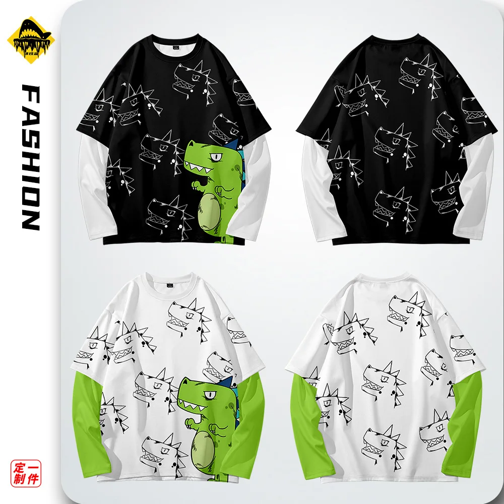 

Autumn Tshirt Men Loose Hip Hop Harajuku Fake Two-piece Long-sleeved Cute Dinosaur Print T-shirt Oversized 6XL