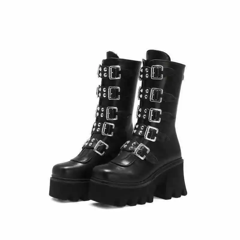 

2021 New Fashion Martin Boot for Women's Winter Shoes Big Size with Zip Round Toe Motorcycle Boots Black White